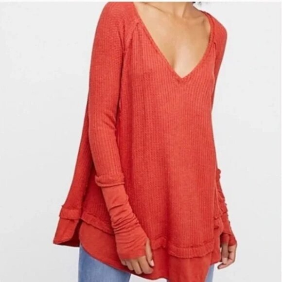 Free People Rust Orange Waffle Knit Thermal Laguna Long Sleeve Tunic Tee - Picture 1 of 8